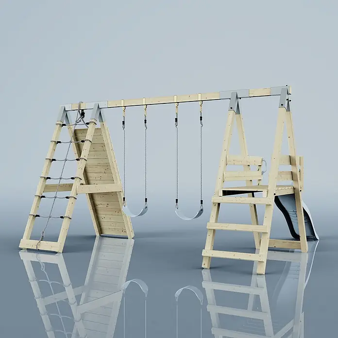 OutdoorToys Schaukel Klettergerüst Frosch - B x L: 288 x 370 cm, Holz - Holzspielplatz-Set mit zwei Schaukeln, Kletternetz und Rutsche. Helles Holz, graue Akzente.