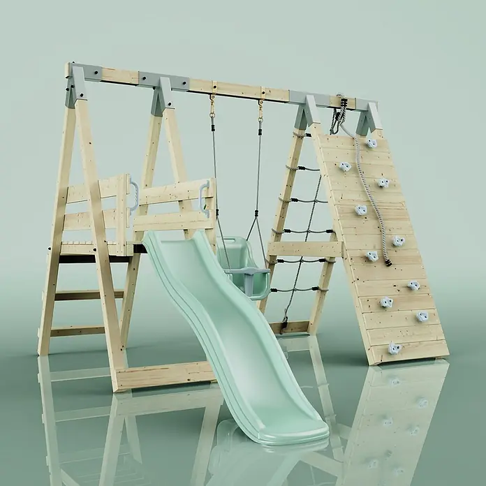 OutdoorToys Schaukel Klettergerüst Hummel - B x L: 288 x 370 cm, Holz - Holzspielturm mit hellgrüner Rutsche, Schaukel, Kletternetz und Kletterwand.