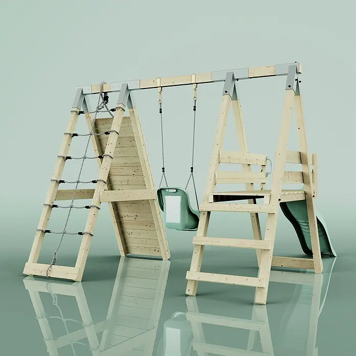 OutdoorToys Schaukel Klettergerüst Hummel - B x L: 288 x 370 cm, Holz - Hölzernes Kinderspielgerät mit Strickleiter, grüner Schaukel und Rutsche.