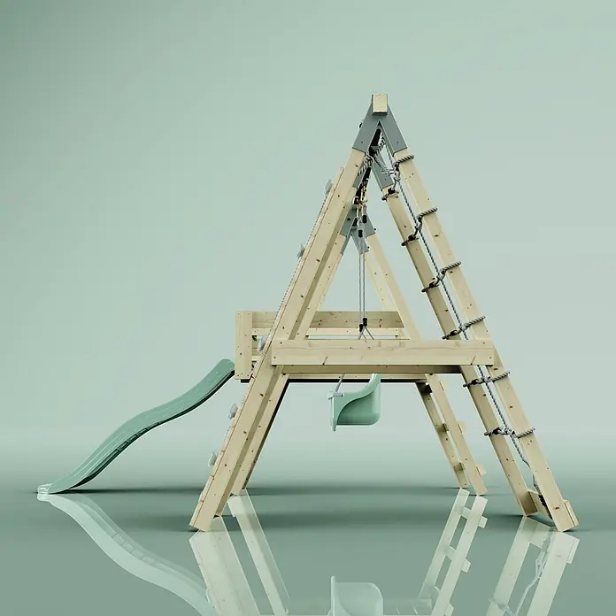 OutdoorToys Schaukel Klettergerüst Hummel - B x L: 288 x 370 cm, Holz - Hölzernes A-Rahmen-Spielgerät mit hellgrüner Rutsche, Schaukel und Kletterelementen.