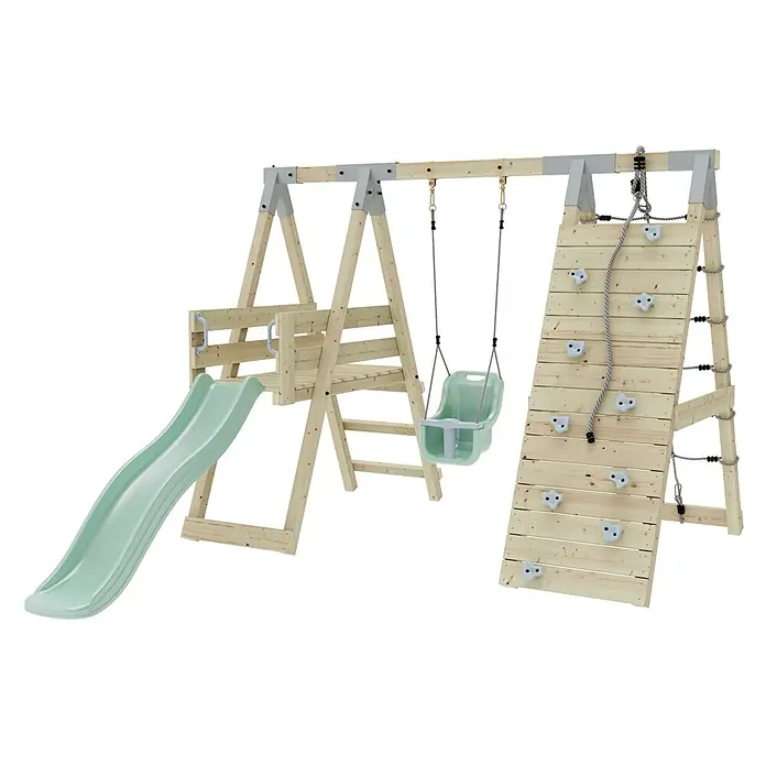 OutdoorToys Schaukel Klettergerüst Hummel - B x L: 288 x 370 cm, Holz - Holzspielplatz mit hellgrüner Rutsche, Babyschaukel, Kletterwand und Seil.