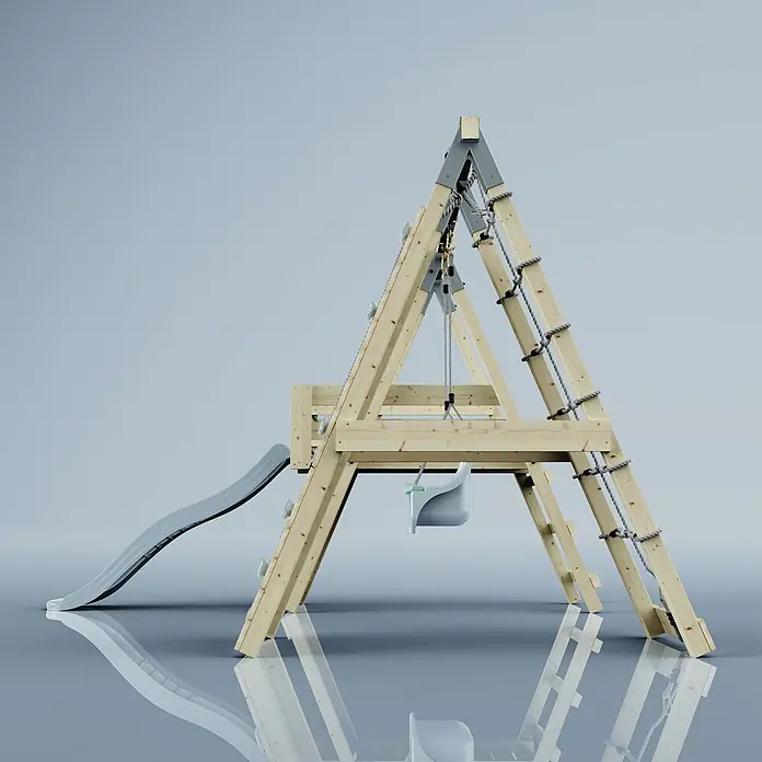 OutdoorToys Schaukel Klettergerüst Hummel - B x L: 288 x 370 cm, Holz - Hölzerner A-Rahmen-Spielplatz mit grauer Rutsche, Kletterwand, Strickleiter und Babyschaukel.