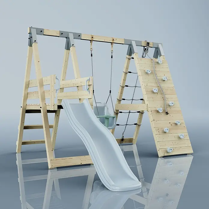 OutdoorToys Schaukel Klettergerüst Hummel - B x L: 288 x 370 cm, Holz - Hölzernes Outdoor-Spielset mit hellblauer Rutsche, Schaukel, Kletternetz und Kletterwand mit weißen Griffen.