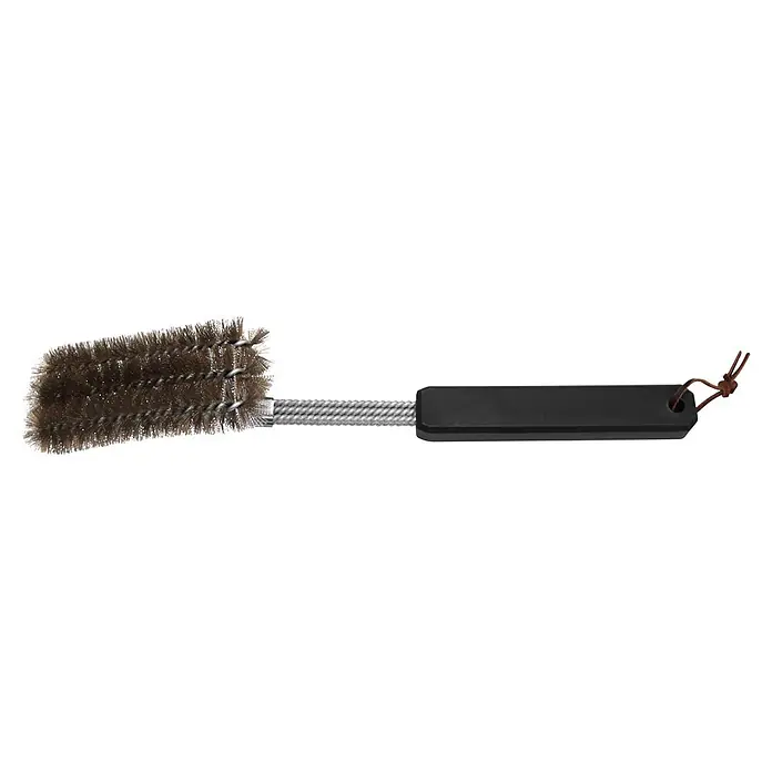 Cozze Grillbürste - Länge: 40 cm - Grillbürste mit braunen Borsten, silbernem gedrehtem Schaft, schwarzem Griff und brauner Lederschlaufe.