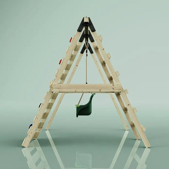 OutdoorToys Schaukel Schaukel Veilchen - B x L: 202 x 184 cm, Holz - Hölzernes Klettergerüst in A-Form mit grüner Schaukel und bunten Klettergriffen für aktives Spiel.
