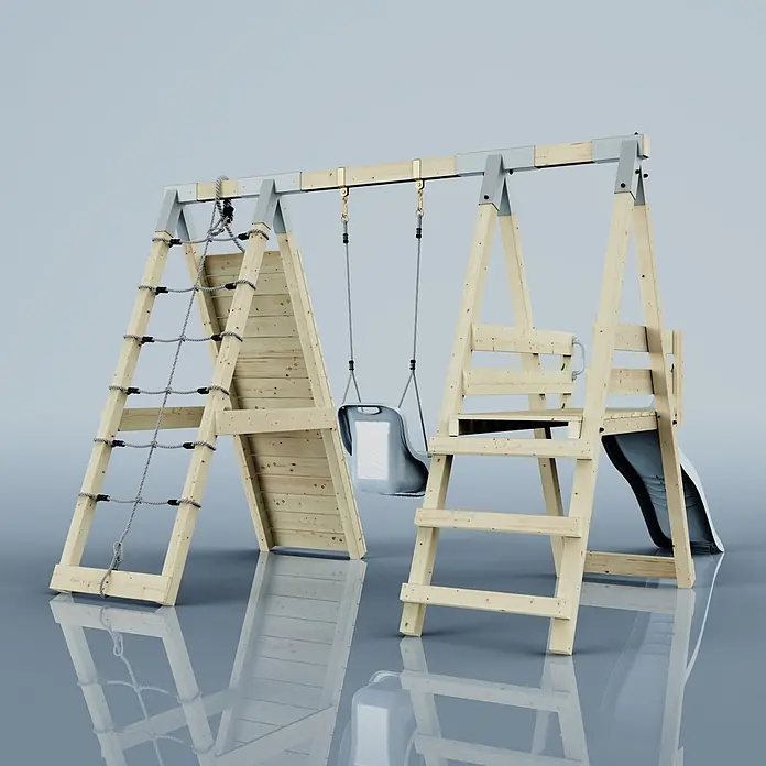 OutdoorToys Schaukel Klettergerüst Hummel - B x L: 288 x 370 cm, Holz - Hölzerner Kinderspielplatz mit Kletternetz, Schaukel und Rutsche. Mit hellem Holz, grauen Seilen und Kunststoffelemnten.