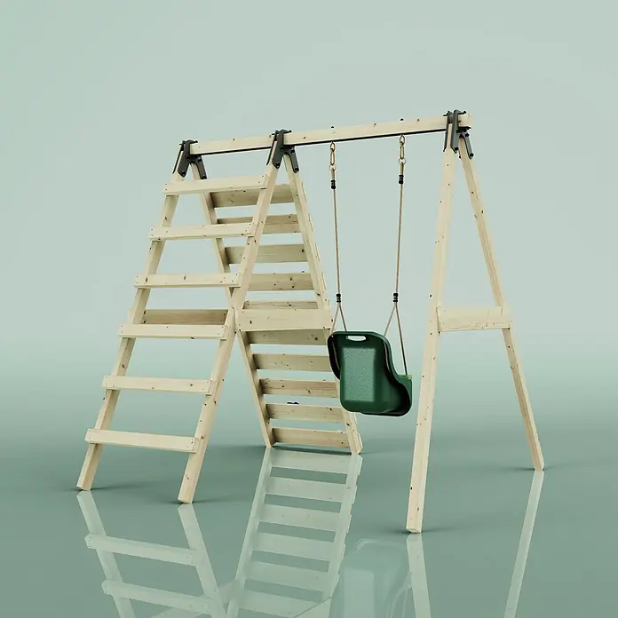 OutdoorToys Schaukel Schaukel Veilchen - B x L: 202 x 184 cm, Holz - Hölzerne Kinderschaukel mit Leiter und dunkelgrünem Babysitz.