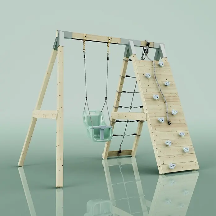 OutdoorToys Schaukel Klettergerüst Schneehase - B x L: 183 x 202 cm, Holz - Hölzerner Schaukelanbau mit grüner Babyschaukel, Kletternetz und Kletterwand mit weißen Griffen.