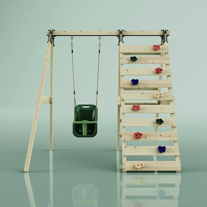OutdoorToys Schaukel Schaukel Veilchen - B x L: 202 x 184 cm, Holz - Hölzernes Schaukelset mit dunkelgrüner Babyschaukel und angebauter Kletterwand mit bunten Griffen.