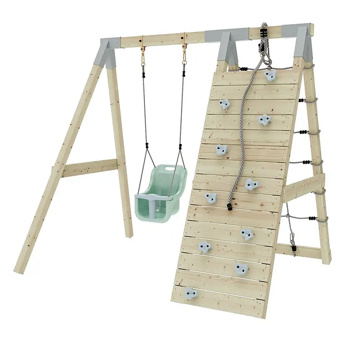 OutdoorToys Schaukel Klettergerüst Schneehase - B x L: 183 x 202 cm, Holz - Holzhängeschaukel mit Kletterwand, Strickleiter und hellgrüner Babyschaukel.