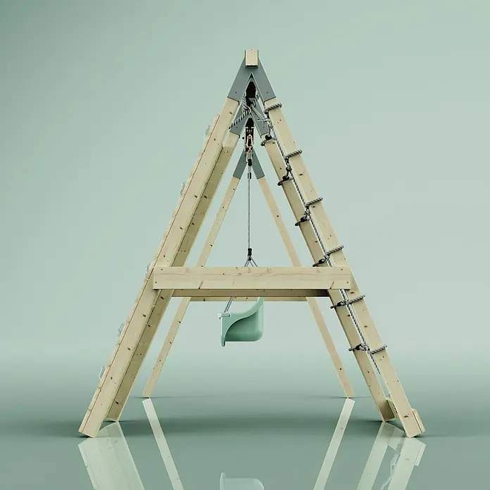 OutdoorToys Schaukel Klettergerüst Schneehase - B x L: 183 x 202 cm, Holz - Hölzerner A-Rahmen Klettergerüst mit Strickleitern und mintgrüner Babyschaukel.