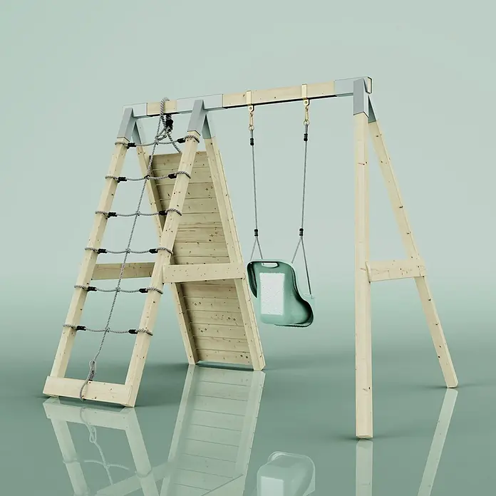 OutdoorToys Schaukel Klettergerüst Schneehase - B x L: 183 x 202 cm, Holz - Schaukelgerüst aus Holz mit Kletternetz und grünem Babysitz für draußen.