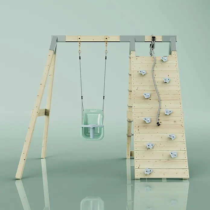 OutdoorToys Schaukel Klettergerüst Schneehase - B x L: 183 x 202 cm, Holz - Holzschaukelgerüst mit hellgrüner Babyschaukel und Kletterwand mit hellblauen Griffen und Seil.