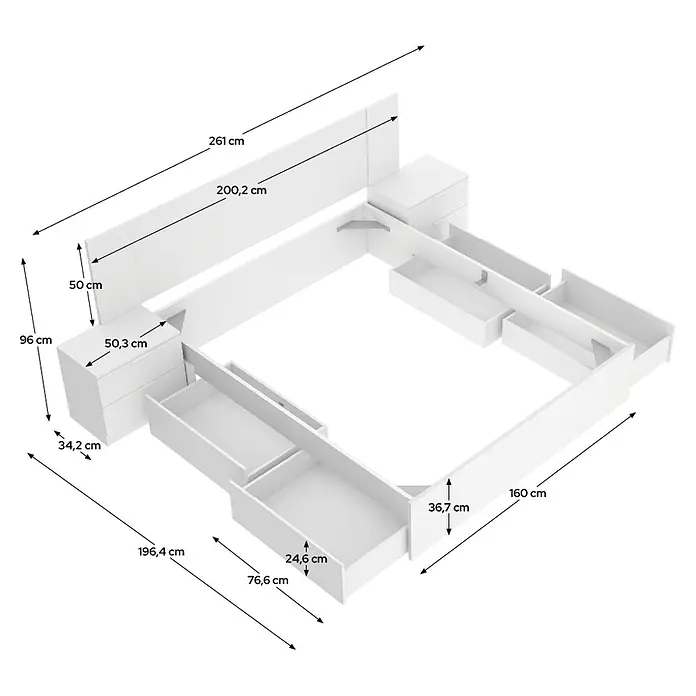 Dekit Set muebles de dormitorio Len - 4 pzs., Blanco, Específico para: Colchón de 150x190 cm - Estructura de cama blanca con cabecero integrado y cajones de almacenamiento extraíbles.