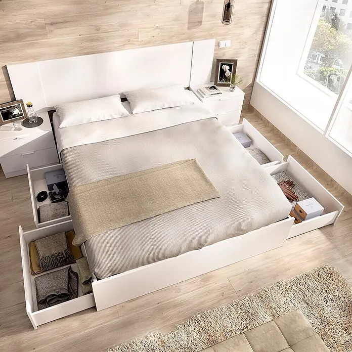 Dekit Set muebles de dormitorio Len - 4 pzs., Blanco, Específico para: Colchón de 150x190 cm - Cama de madera blanca con cajones de almacenamiento integrados. Los cajones abiertos resaltan el almacenamiento funcional del dormitorio.