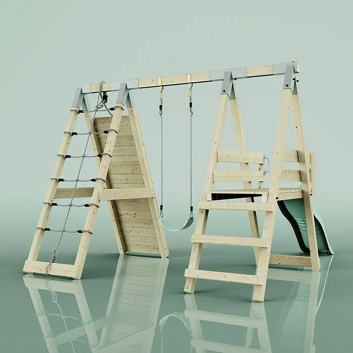 OutdoorToys Schaukel Klettergerüst Pinguin - B x L: 288 x 370 cm, Holz - Kinderspielplatz aus Holz mit Kletternetz, Schaukel und Rutsche, hellem Holz, grauem Seil und hellgrüner Rutsche/Schaukel.