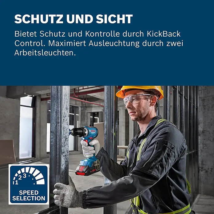 Bosch Professional AMPShare 18V Akku-Bohrschrauber GSR 18V-65 - 18 V, 2 Akkus, 4 Ah, 76 Nm, 2 x 4 Ah Akku, mit L-BOXX-Koffer - Arbeiter nutzt blauen Bosch Akku-Bohrschrauber mit Drehzahlvorwahl an Metallprofil.