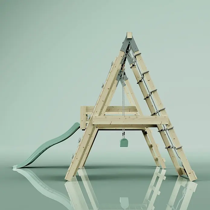OutdoorToys Schaukel Klettergerüst Pinguin - B x L: 288 x 370 cm, Holz - Hölzernes A-Rahmen Klettergerüst mit grüner Rutsche, Seilleiter und kleiner Schaukel für Kinder.