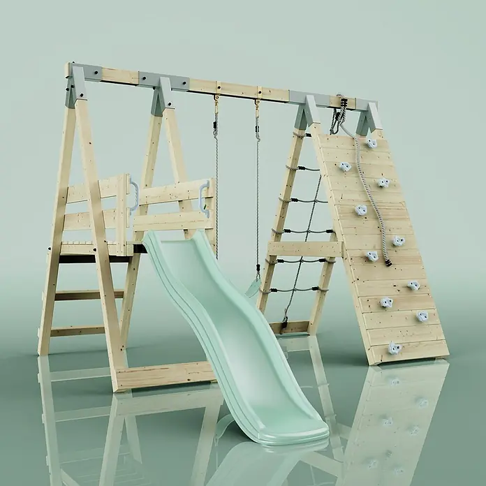OutdoorToys Schaukel Klettergerüst Pinguin - B x L: 288 x 370 cm, Holz - Hölzernes Kinderspielgerät mit hellgrüner Rutsche, Kletterwand mit weißen Griffen und zwei Seilen für Schaukeln, verbunden durch graue Metallhalterungen.