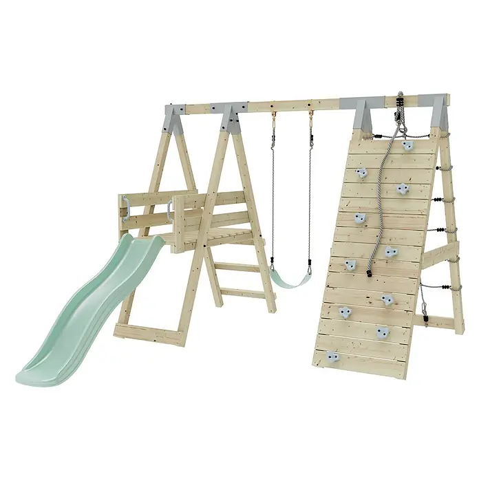 OutdoorToys Schaukel Klettergerüst Pinguin - B x L: 288 x 370 cm, Holz - Hölzernes Spielgerüst mit hellgrüner Rutsche, zwei Schaukeln und Kletterwand mit weißen Griffen und Seil.