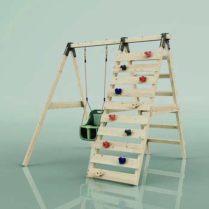 OutdoorToys Schaukel Schaukel Veilchen - B x L: 202 x 184 cm, Holz - Hölzernes A-Rahmen Schaukelgerüst mit grüner Babyschaukel und Kletterwand mit bunten Griffen.