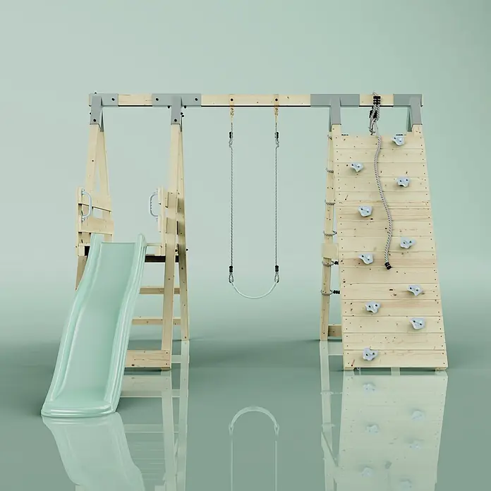 OutdoorToys Schaukel Klettergerüst Pinguin - B x L: 288 x 370 cm, Holz - Holzspielturm mit hellgrüner Rutsche, Schaukel und Kletterwand mit weißen Griffen.
