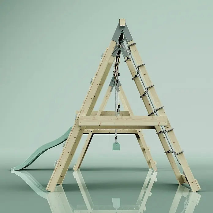 OutdoorToys Schaukel Klettergerüst Krokodil - B x L: 288 x 370 cm, Holz - Hölzernes A-Rahmen-Kinderspielgerät mit grüner Rutsche, Seilleiter und kleiner Schaukel.
