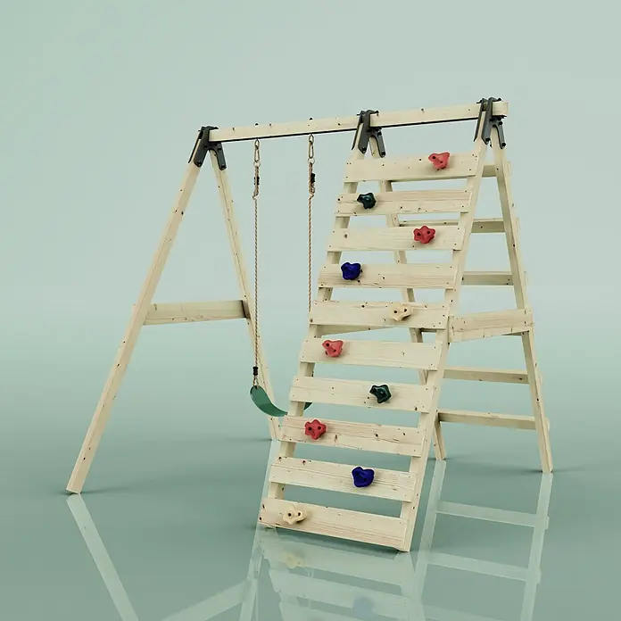 OutdoorToys Schaukel Schaukel Lavendel - B x L: 202 x 184 cm, Holz - Hölzernes Schaukel- und Kletterwandgestell mit bunten Griffen und grünem Schaukelsitz.