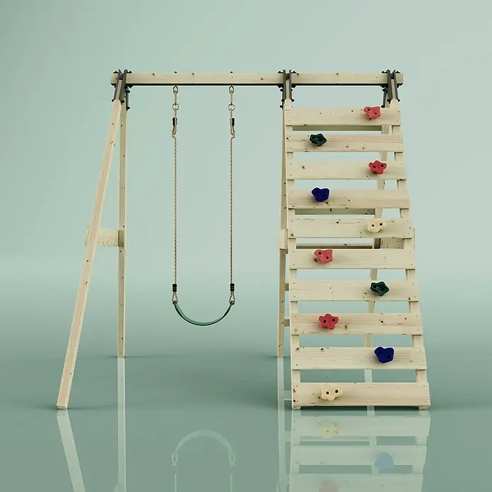 OutdoorToys Schaukel Schaukel Lavendel - B x L: 202 x 184 cm, Holz - Hölzernes Schaukelgerüst mit grüner Schaukel und integrierter Kletterwand mit bunten Griffen.