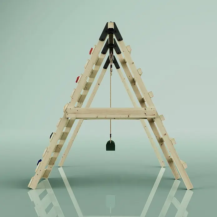 OutdoorToys Schaukel Schaukel Lavendel - B x L: 202 x 184 cm, Holz - Holz-Klettergerüst in A-Form mit dunkelgrüner Schaukel und farbigen Klettergriffen, ausgestattet mit dunkelgrauen Verbindungsstücken.
