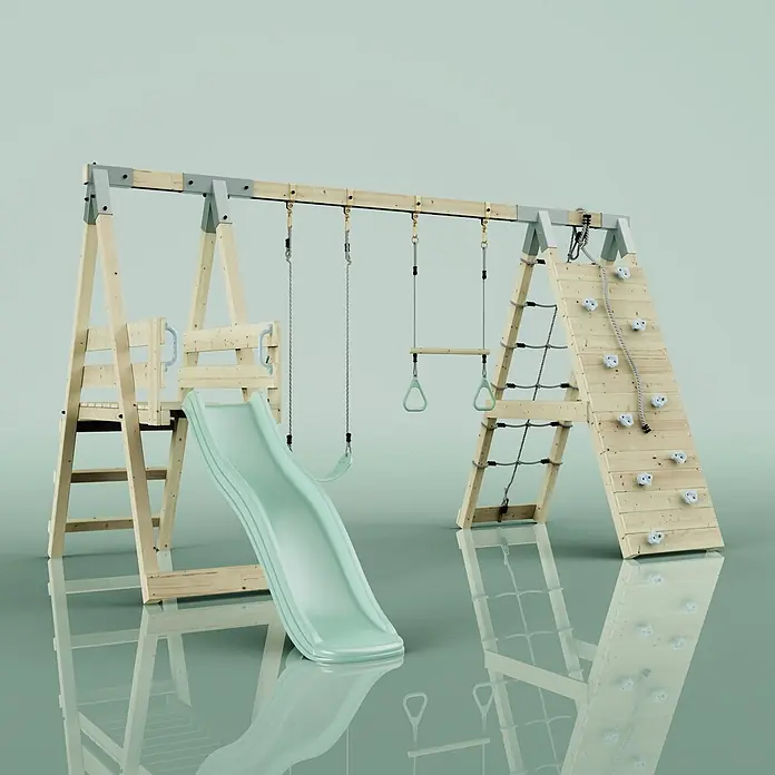 OutdoorToys Schaukel Klettergerüst Krokodil - B x L: 288 x 370 cm, Holz - Spielturm aus Holz mit hellgrüner Rutsche, Schaukel, Kletternetz und Kletterwand mit weißen Griffen.
