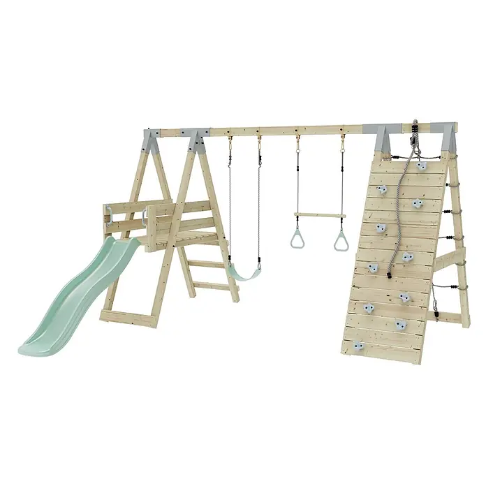 OutdoorToys Schaukel Klettergerüst Krokodil - B x L: 288 x 370 cm, Holz - Spielplatz aus hellem Holz mit grüner Rutsche, zwei Schaukeln und Kletterwand mit weißen Griffen und Seil.