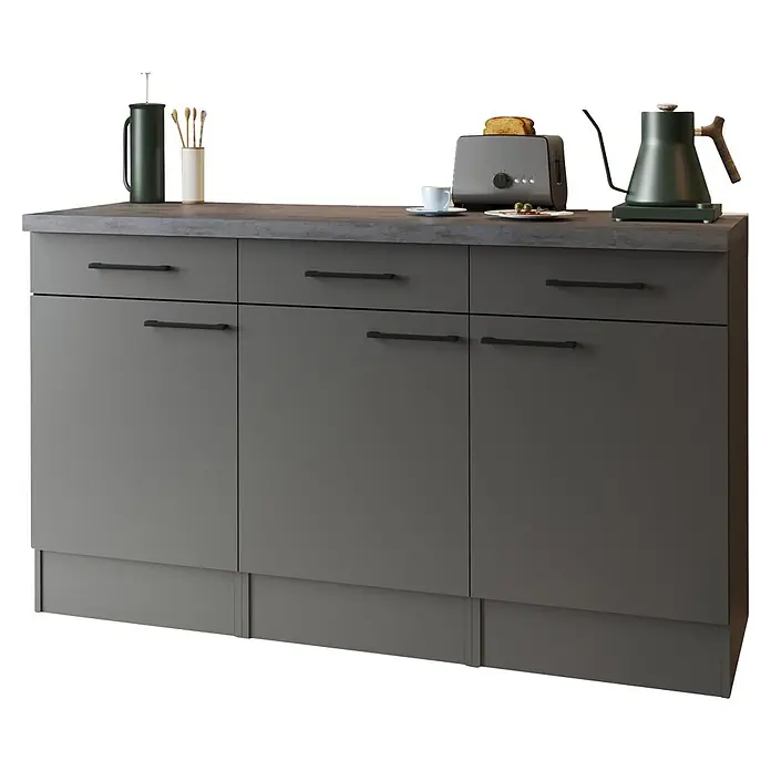 Respekta Oliver Sideboard - Breite: 150 cm, Grau Matt, Ohne Oberschrank - Grauer Küchenunterschrank mit dunkelgrauer Arbeitsplatte und Frühstücksarrangement: Toaster, Wasserkocher, Kaffeetasse.