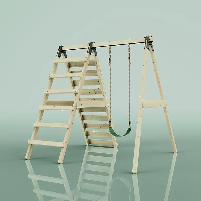 OutdoorToys Schaukel Schaukel Lavendel - B x L: 202 x 184 cm, Holz - Hölzerner Kinderschaukel mit Leiter und grünem Schaukelsitz.