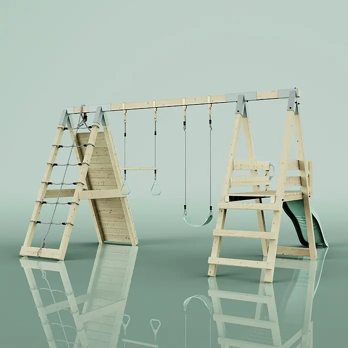 OutdoorToys Schaukel Klettergerüst Krokodil - B x L: 288 x 370 cm, Holz - Holzspielplatz mit Kletternetz, zwei Schaukeln und einer Rutsche, alles aus Naturholz und Hellblau.