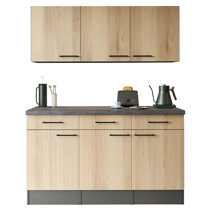 Respekta Oliver Sideboard - Breite: 150 cm, Artisan Eiche, Mit Oberschrank - Helle Holz-Küchenschränke mit dunkelgrauer Arbeitsplatte und schwarzen Griffen, bestehend aus Oberschränken und Unterschränken mit Schubladen und Türen.
