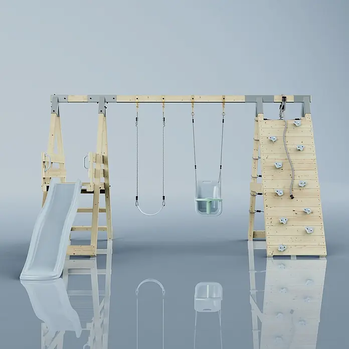 OutdoorToys Schaukel Klettergerüst Schmetterling - B x L: 288 x 370 cm, Holz - Holzspielplatz-Set mit hellgrauer Rutsche, zwei Schaukeln (Babyschaukel, normale Schaukel) und Kletterwand mit weißen Griffen.