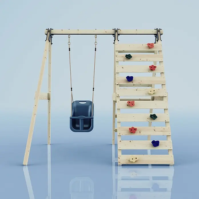 OutdoorToys Schaukel Schaukel Veilchen - B x L: 202 x 184 cm, Holz - Hölzerne Schaukel mit blauem Babysitz und Kletterwand mit bunten Griffen.