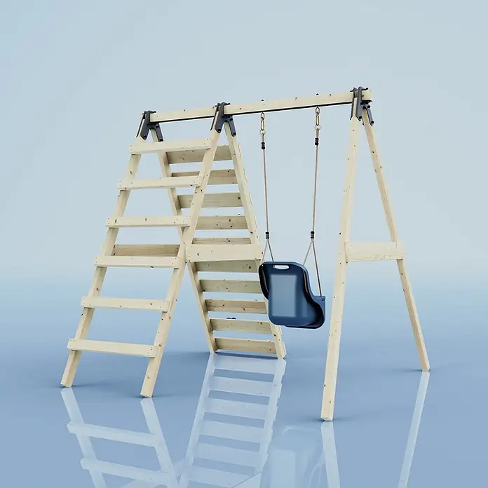 OutdoorToys Schaukel Schaukel Veilchen - B x L: 202 x 184 cm, Holz - Holzschaukel mit integrierter Leiter und blauem Babysitz.