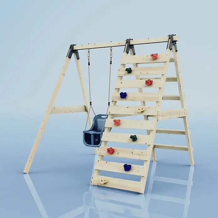 OutdoorToys Schaukel Schaukel Veilchen - B x L: 202 x 184 cm, Holz - Hölzernes Schaukelgerüst mit blauer Babyschaukel und Kletterwand mit bunten Griffen.