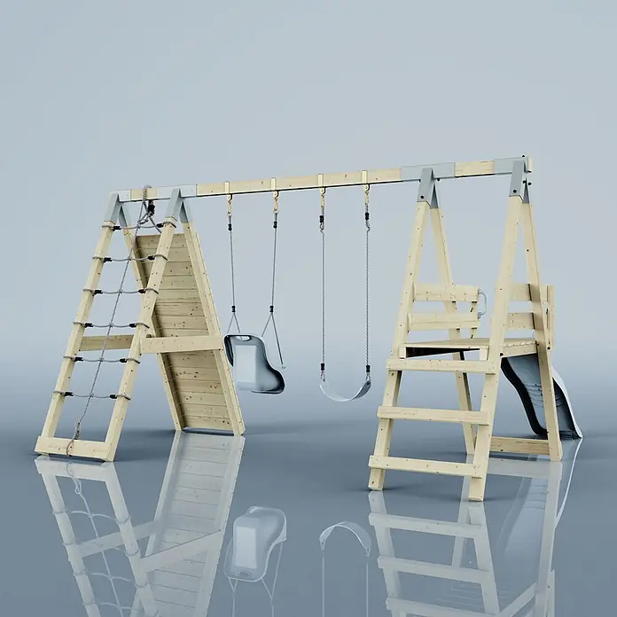 OutdoorToys Schaukel Klettergerüst Schmetterling - B x L: 288 x 370 cm, Holz - Hölzernes Spielgerät mit Kletternetz, zwei Schaukeln (Baby- und Standardschaukel) und einer Rutsche.