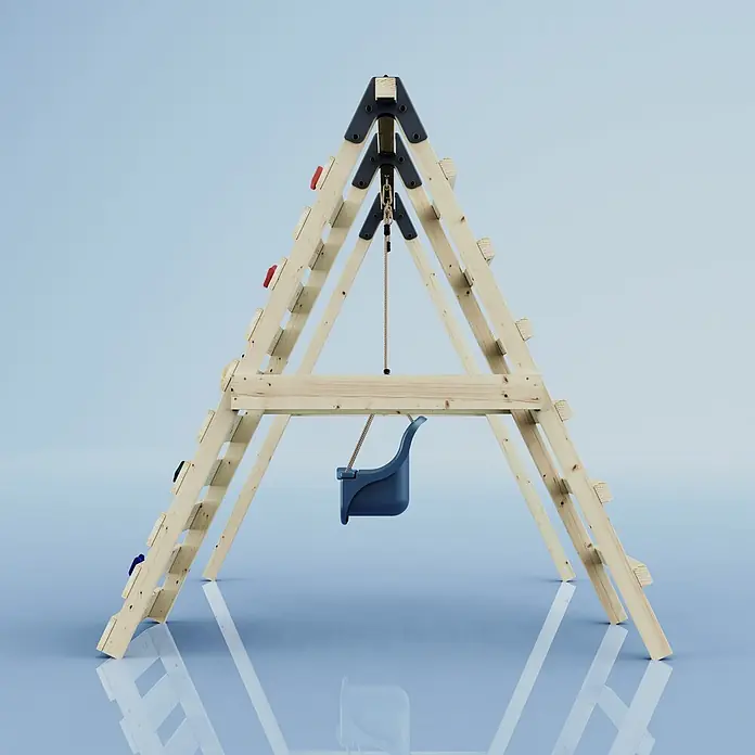 OutdoorToys Schaukel Schaukel Veilchen - B x L: 202 x 184 cm, Holz - Holz-Klettergerüst in A-Form mit bunten Klettergriffen und blauer Babyschaukel.