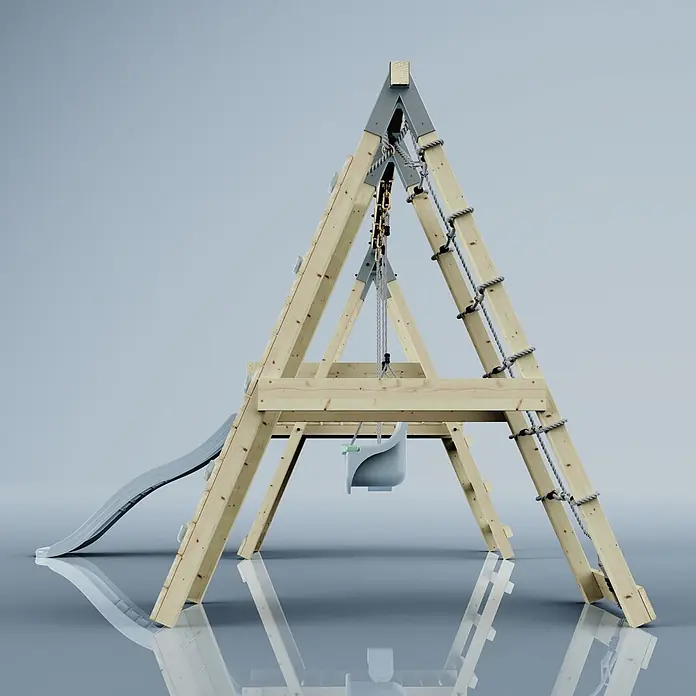 OutdoorToys Schaukel Klettergerüst Schmetterling - B x L: 288 x 370 cm, Holz - Hölzernes A-Rahmen Schaukelgerüst mit grauer Rutsche, Babyschaukel und Strickleiter für Kinderspiel im Freien.