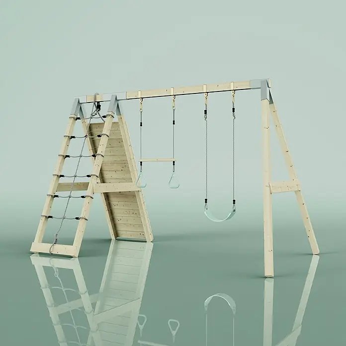OutdoorToys Schaukel Klettergerüst Waschbär - B x L: 183 x 322 cm, Holz - Hölzernes Schaukelgerüst mit Kletternetz, Kletterwand, zwei Turnringen und einer Schaukel. Naturholz mit hellgrünen Akzenten.