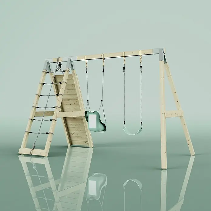 OutdoorToys Schaukel Klettergerüst Kuckuck - B x L: 183 x 322 cm, Holz - Hölzernes Schaukelgerüst mit Kletternetz, einer Babyschaukel und einer normalen Schaukel.