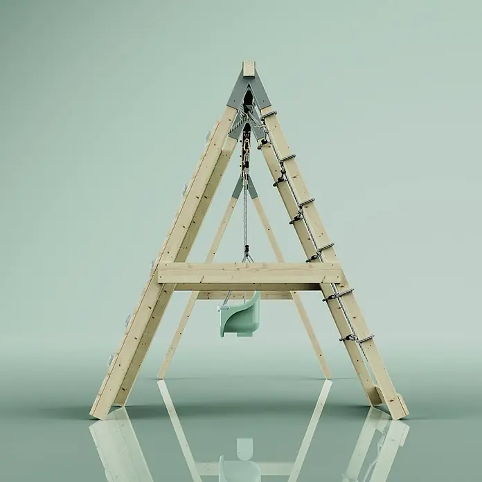 OutdoorToys Schaukel Klettergerüst Kuckuck - B x L: 183 x 322 cm, Holz - Holzschaukel A-Rahmen mit Kletterseilen und hellgrünem Babyschaukelstuhl.