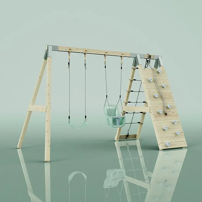 OutdoorToys Schaukel Klettergerüst Kuckuck - B x L: 183 x 322 cm, Holz - Schaukelgerüst aus Holz mit zwei Schaukeln, Seilleiter und Kletterwand, hellem Holz, grünen Sitzen und grauen Seilen.