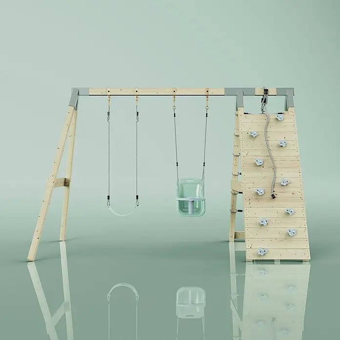 OutdoorToys Schaukel Klettergerüst Kuckuck - B x L: 183 x 322 cm, Holz - Schaukelgerüst aus Holz mit Kletterwand, einem Standardsitz und einem Babysitz in Hellgrün.