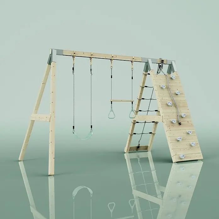 OutdoorToys Schaukel Klettergerüst Waschbär - B x L: 183 x 322 cm, Holz - Schaukelgerüst aus Holz mit Kletternetz, Kletterwand und verschiedenen Schaukeln, inklusive Reckstange und Ringen.