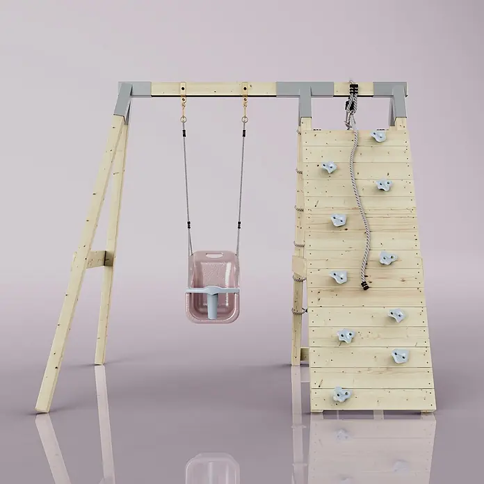 OutdoorToys Schaukel Klettergerüst Schneehase - B x L: 183 x 202 cm, Holz - Holzschaukel und Kletterwand mit rosa Babyschaukel und hellblauen Griffen.